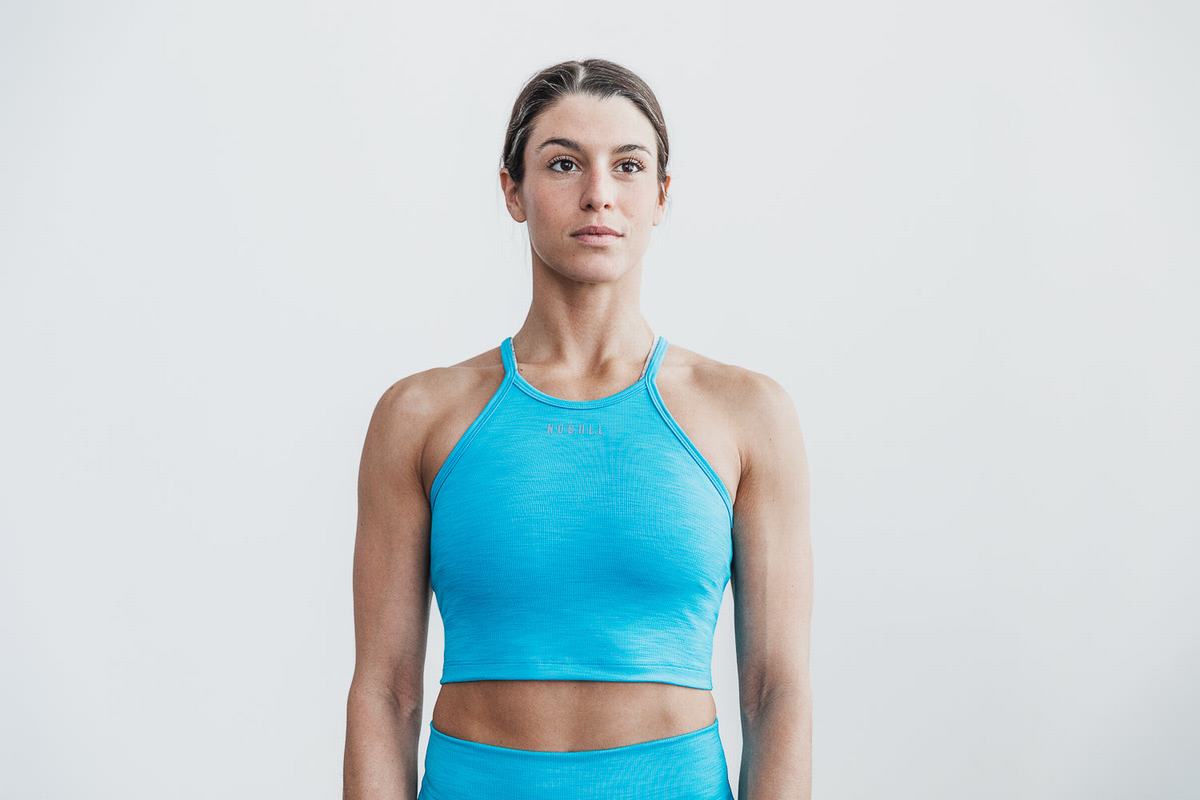 Nobull Halter Crop Neon Ribbed Women's Tank Tops Blue | Australia (MA5918)